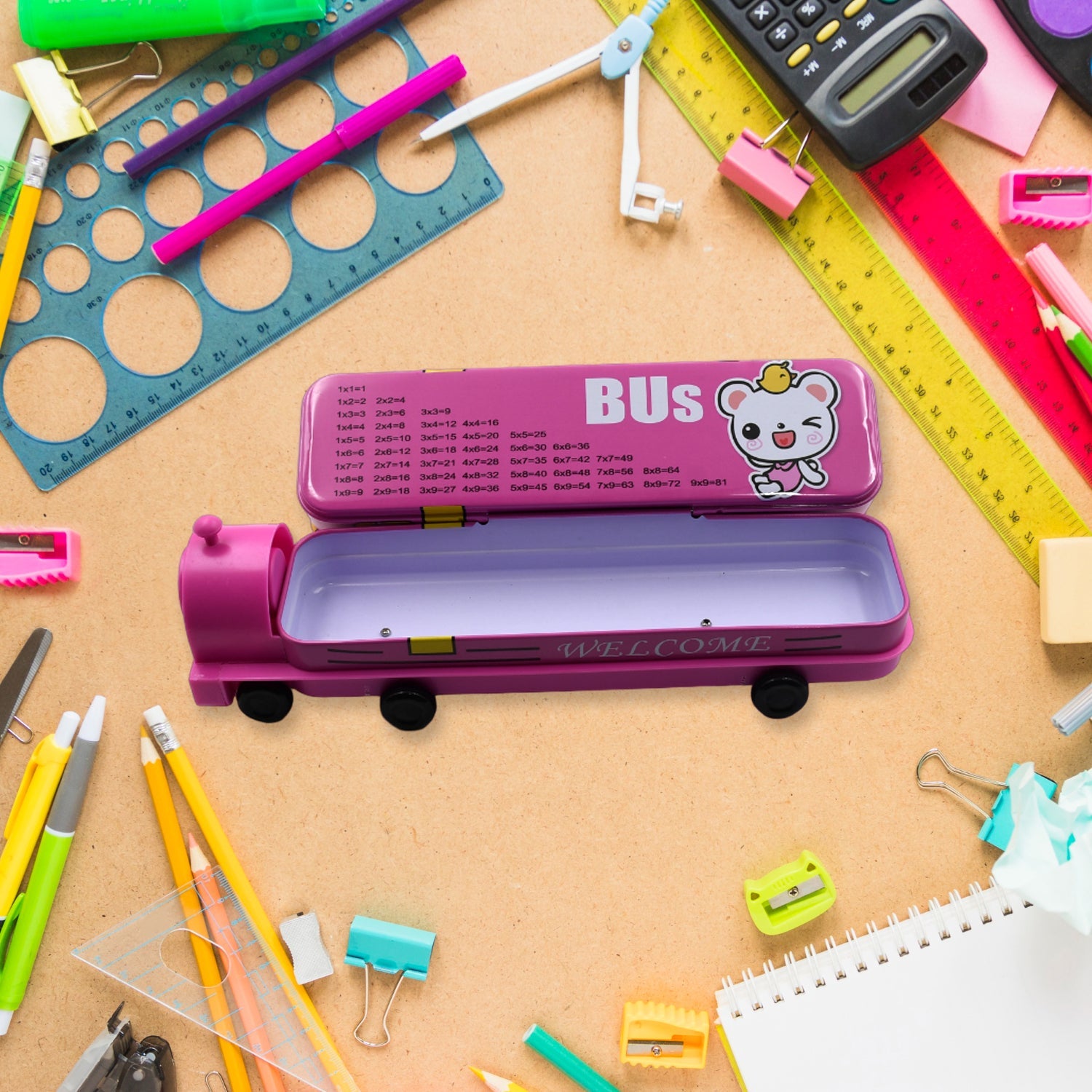 Metal bus pencil box, two layers, sharpener included. Metal bus pencil box, two layers, sharpener included.